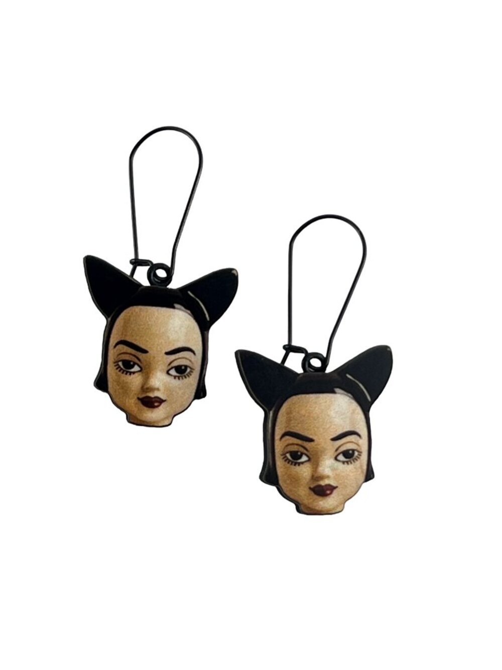 Unique & Artsy Flat Woodcut Doll Face Earrings — Black Kidney Earwires